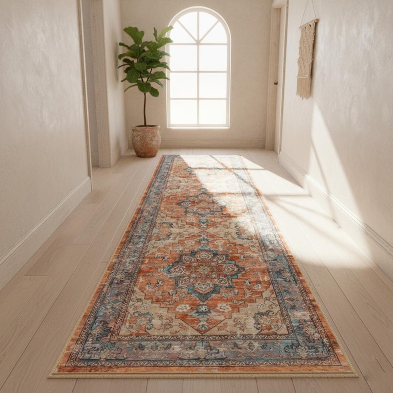 Peut inclure: Un tapis de couloir rectangulaire aux motifs traditionnels, de couleurs orange, bleu et cr&egrave;me. Le tapis pr&eacute;sente un m&eacute;daillon central et des bordures d&eacute;taill&eacute;es. Il est pos&eacute; sur un sol en bois.