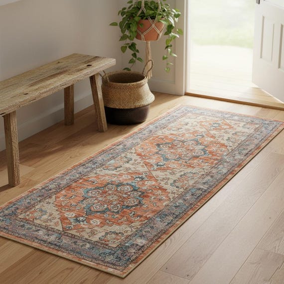 Boho Runner Rug in Orange and Blue – Non Slip Persian-Style Hallway Carpet