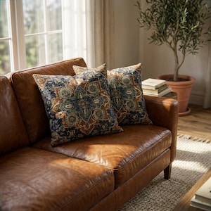 Woven Chenille Throw Pillow Covers Set Of 2, Blue Rust Persian Rug Pattern, Boho Cushion Case