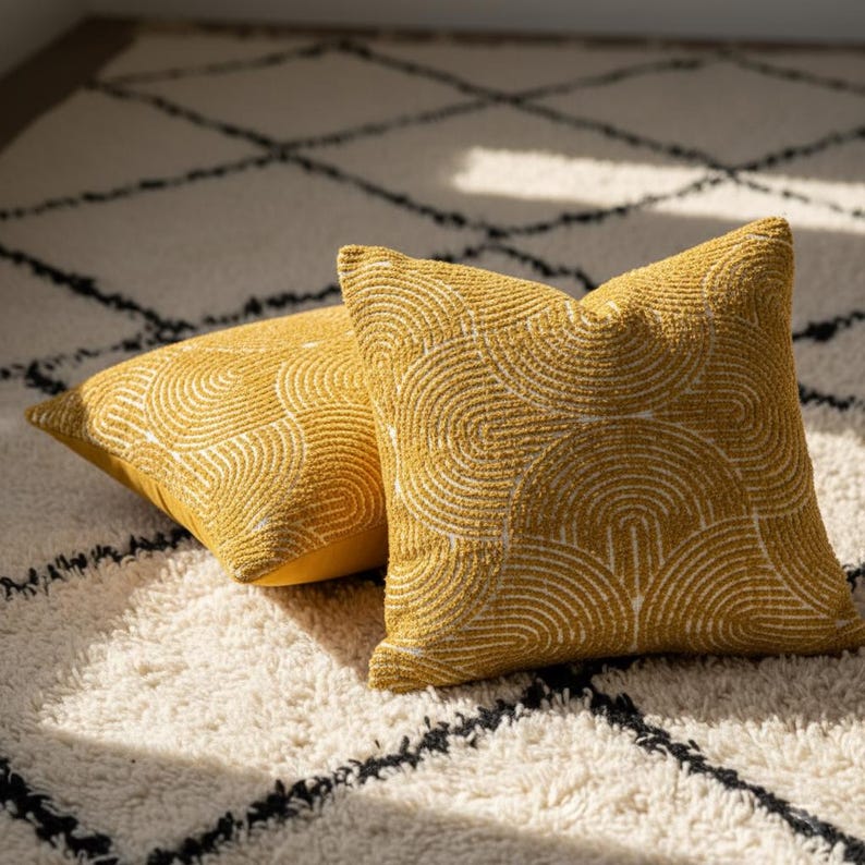 May include: Two mustard-yellow throw pillows with a white, semi-circular pattern. The pillows are square-shaped and rest on a cream-colored rug with a black geometric design. The pillows have a textured appearance.