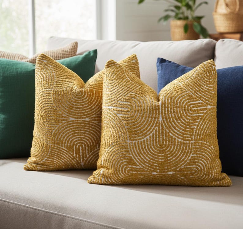May include: Two mustard-yellow throw pillows with a white, semi-circular pattern. The pillows are on a light gray couch, with other pillows in shades of green and blue. The pillows have a textured appearance and add a decorative touch to the living room.