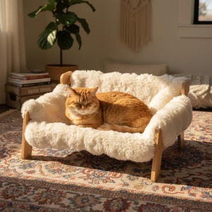 Modernes Holz Haustierbett - Flauschiges Erhöhtes Sofa für Katzen und Kleine Hunde