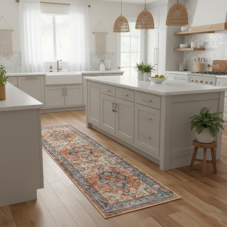 Peut inclure: Un tapis de couloir rectangulaire avec un motif complexe d'inspiration vintage dans des tons d'orange, de bleu et de cr&egrave;me. Le tapis est pos&eacute; sur un sol en bois dans une cuisine, ajoutant une touche de chaleur et de motif &agrave; l'espace.