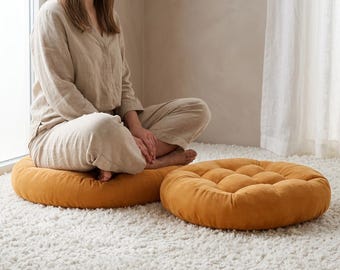 French Floor Cushion Set of 2 Corduroy Floor Pillow for Meditation Round or Square Memory Foam Seating for Boho Reading Nook Decor