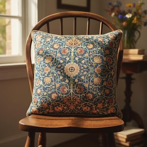 Könnte beinhalten: Ein quadratisches Zierkissen mit einem Blumenmuster in Blau-, Orange- und Beigetönen liegt auf einem Holzstuhl. Das Kissen hat ein detailliertes Design mit einem zentralen Medaillon und komplizierten Blumen- und Rankenmotiven. Der Stuhl ist aus Holz.