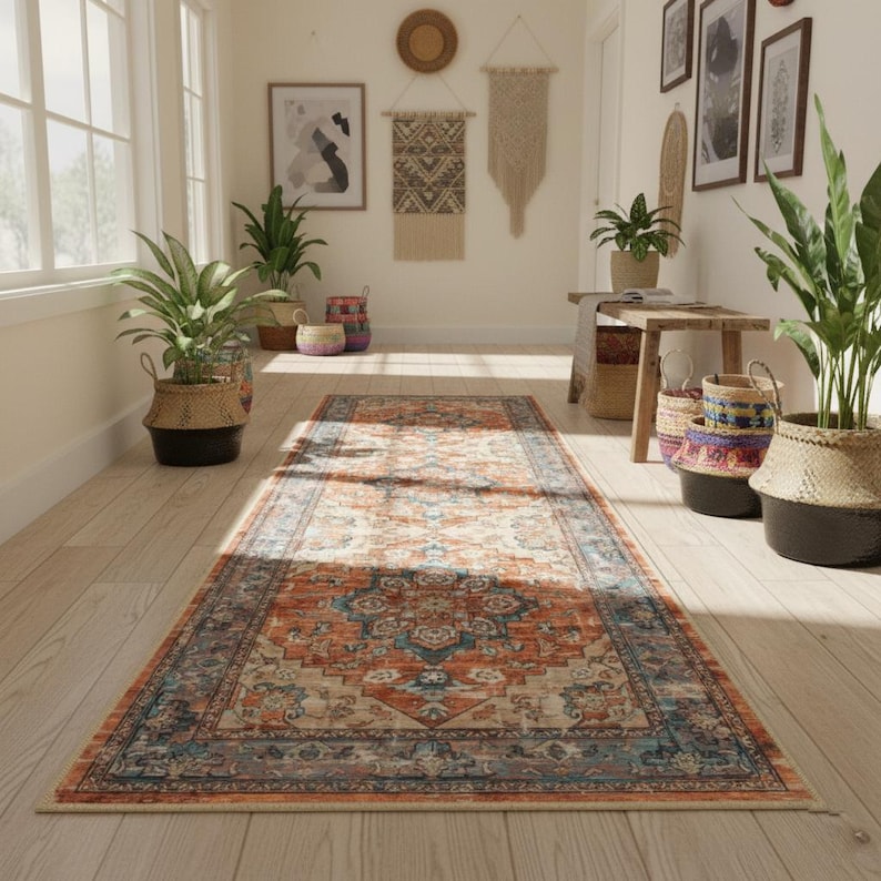 Peut inclure: Un long tapis rectangulaire orne d'un motif traditionnel complexe. Le tapis pr&eacute;sente un motif central dans des tons d'orange, de beige et de bleu, encadr&eacute; par une bordure bleu fonc&eacute;. Le tapis est plac&eacute; dans un couloir avec des plantes et des objets d&eacute;coratifs.