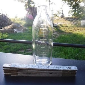 Puede incluir: Una botella de vidrio transparente con marcas de medición en onzas, junto a una regla de madera plegable con medidas en pulgadas. La botella está sobre una superficie oscura, con un fondo herboso.