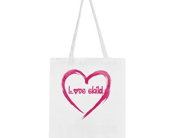 Love Child Tote Bag – Pink Heart Canvas Shopping Bag – Cute Aesthetic Tote – Gift for Her – Reusable Grocery Bag – Boho Beach Bag