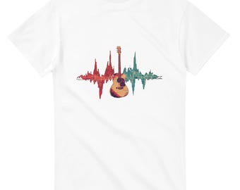 Soundwave Gitarre T-Shirt | Akustische Gitarre Musik Liebhaber Tee | Buntes Herzschlag-Wellen-Shirt | Geschenk für Gitarrist | Unisex Musik T-Shirt