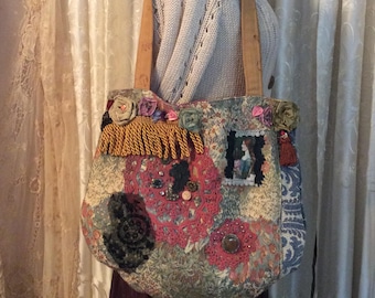 Decorated Tote Bag, OOAK bohemian purse, sturdy upholstery grade fabric bag, chenille jacquard wild flowers fabrics, beads buttons embellish