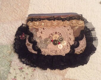 Boho Zipper Bag, handmade black lace embellished