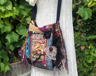 OOAK Bag Vintage Needlepoint, dutch girl image, lace beads buttons embellished, velvet chenille patchwork handmade be GrandmaDede at Etsy