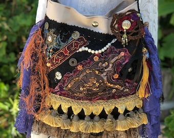 Bohemian Bag with beads buttons tassel fringe embellished, thick upholstery fabrics, long crossover body strap