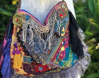 OOAK Hippy Boho Bag, embellished with gold fringe, black lace, beads buttons, handmade by GrandmaDede at Etsy