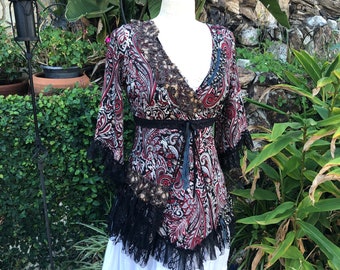 SALE Black Burgundy Top, stretchy paisley print, empire waist, SMALL