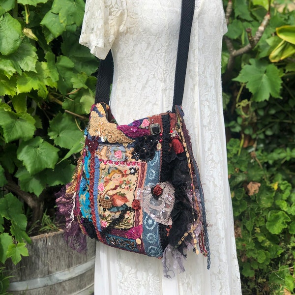 OOAK Bag Vintage Needlepoint, dutch girl image, lace beads buttons embellished, velvet chenille patchwork handmade be GrandmaDede at Etsy