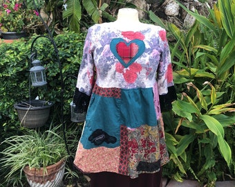 SALE Patchwork Wool Sweater with heart shape patch LARGE