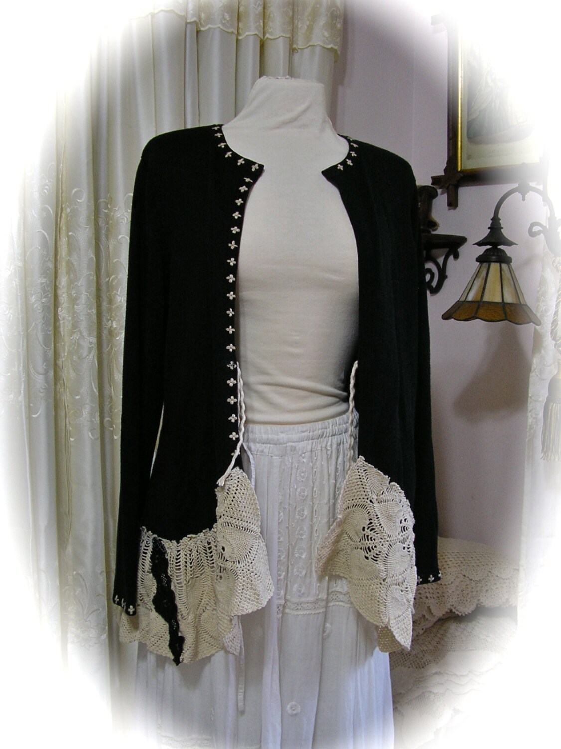 Black Bohemian Cardigan doily sweater tattered crocheted Etsy