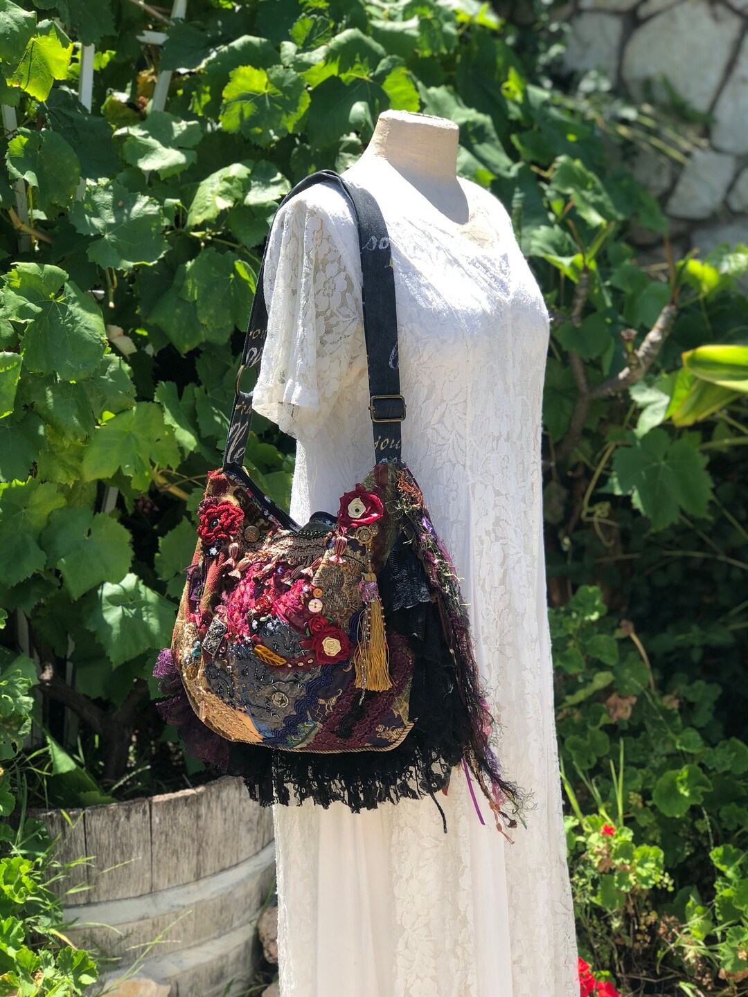 Tassel Fringe Bag, Embellished With Beads Buttons Lace, Handmade OOAK