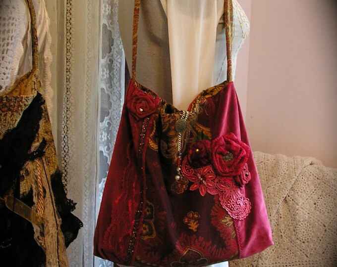 Red Velvet Bag With Wallet, Thick Tapestry Velvet Fabrics, Fabric Roses, Handmade Ooak Etsy