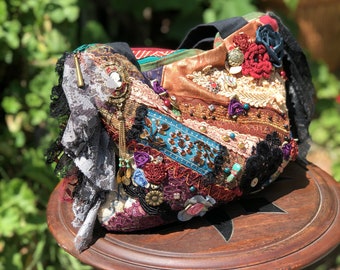 Embellished Gypsy Handbag, OOAK handmade unique, funky hippie boho chic, lace trim beads buttons