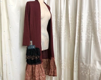 SALE Long Maroon Sweater, boho hippie black lace, refashioned altered, SMALL