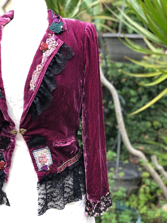 Raspberry Velvet Jacket: plum, black lace embellished, ooak, vintage, MEDIUM