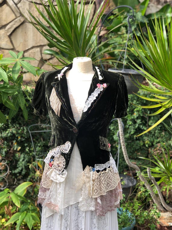 Emerald Velvet Jacket: Refashioned Vintage Lace Trim, Size Small
