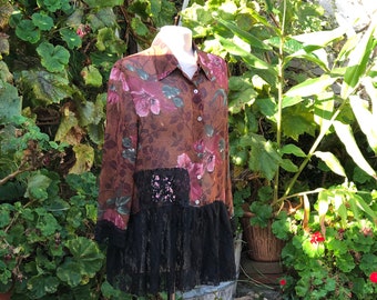 SALE Brown Silk Blouse, beautiful brown floral, delicate sheer button up shirt with collar LARGE