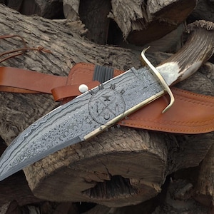 Best Bowie Knife – 16&quot; Handmade Damascus Antler Bowie Knife | Hunting Knife, Damascus Knife | Personalised Knife Gift for Him