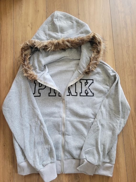 Y2K Fur Hoodie – Gray Zip up Sweatshirt With Faux Fur Hood, 2000s