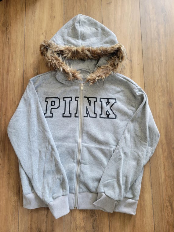 Y2K Fur Hoodie – Gray Zip up Sweatshirt With Faux Fur Hood