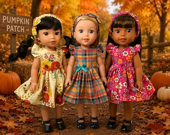 14.5 Inch Doll Dress: Stars, Hearts, Flutter Sleeve, Fits Wellie Wisher Dolls Bow Headband Autumn Fall Clothing