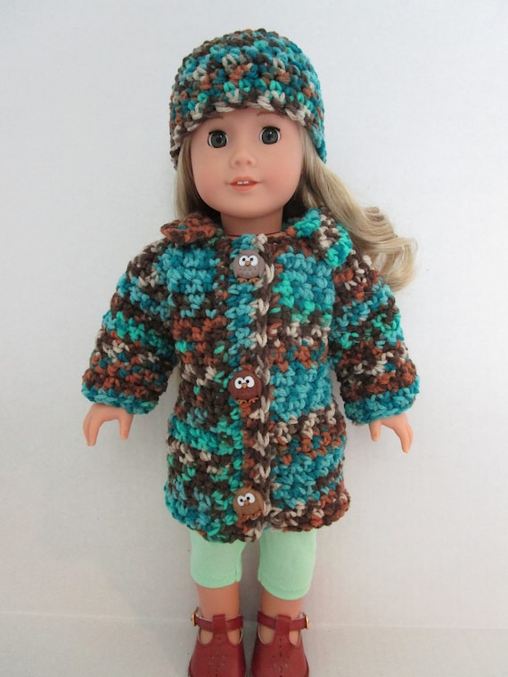 18 inch Doll Clothing Crochet Sweater & Hat Set Coat Jacket Owl Buttons