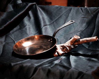 May include: A small, copper-colored frying pan with a long, curved handle. The pan rests on a piece of weathered wood against a dark, textured background. The pan's interior reflects light, highlighting its shape.