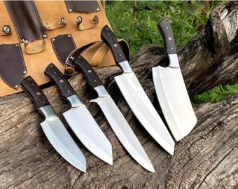 Handmade Carbon Steel Chef Knife Set – 5-Piece with Leather Roll