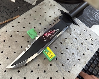 Cuchillo Rambo artesanal de acero D2, cordón de nailon negro, funda de cuero