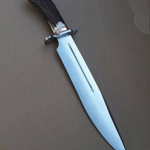 Handmade D2 Steel Bowie Knife with Stag Horn Handle, Leather Sheath
