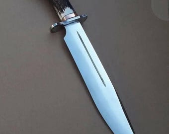 Handmade D2 Steel Bowie Knife with Stag Horn Handle, Leather Sheath