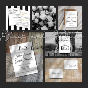 Puede incluir: Un paquete de boda en blanco y negro con tarjetas de invitación, tarjetas de guardar la fecha y arreglos florales. Las tarjetas incluyen texto como "She's Getting Married!" y nombres como "Jillian Tanner & Garrett Hermetz."