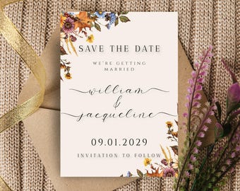 Terracotta And Blue Floral Save the Date | Blue Heirloom Wedding (5x7 Editable Templett)