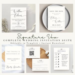 Puede incluir: Un conjunto completo de invitaciones de boda con un diseño minimalista. Incluye invitaciones, tarjetas de reserva de fecha, información de registro, tarjetas RSVP y tarjetas de detalles. Presenta una caligrafía elegante y un diseño limpio.