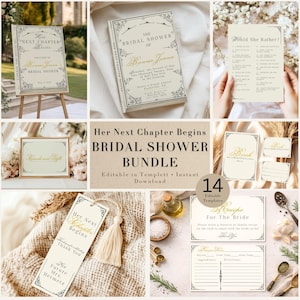 May include: A bridal shower stationery bundle featuring cream-colored cards with black ornate borders and gold script text. The set includes a welcome sign, invitation, game card, cards and gifts sign, book request cards, a thank you tag with a tassel, and recipe cards.