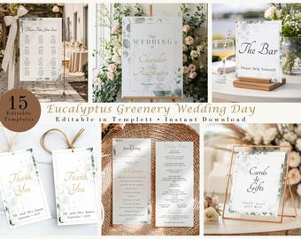 Sage Green and Gold Eucalyptus Wedding Day Bundle Template, Signage Set, Seating Chart, Program, Welcome Sign, Editable Greenery Templett