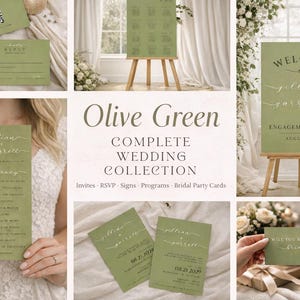 Olive Green Wedding Bundle Template | Engagement, Bridal Shower & Day Of Signage | Editable Invitation Suite | Templett
