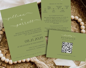 Olivgrüne Hochzeitseinladung Set | Minimalist Serif & Script, Antwortkarten
