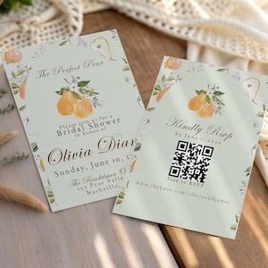 May include: Two light green bridal shower invitations with pear illustrations. One invitation reads "The Perfect Pear" and details for the event. The other invitation says "Kindly RSVP" with a QR code and website address.