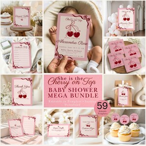 May include: A baby shower stationery mega bundle featuring a cherry theme with pink and cream colours. The set includes invitations, thank you cards, signs, and tags, all decorated with red cherry illustrations and red ribbon accents.