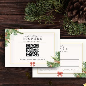 常緑樹のウェディングRSVPカード、冬の緑、テンプル（デジタルダウンロード）