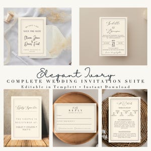Könnte beinhalten: Elegante elfenbeinfarbene Hochzeitseinladungs-Suite mit Save-the-Date-, Einladungs-, Antwort- und Detailkarten. Die Suite enthält den Text "We Said I Do", Namen und Veranstaltungsdetails. Die Suite ist in Templett bearbeitbar und sofort verfügbar.